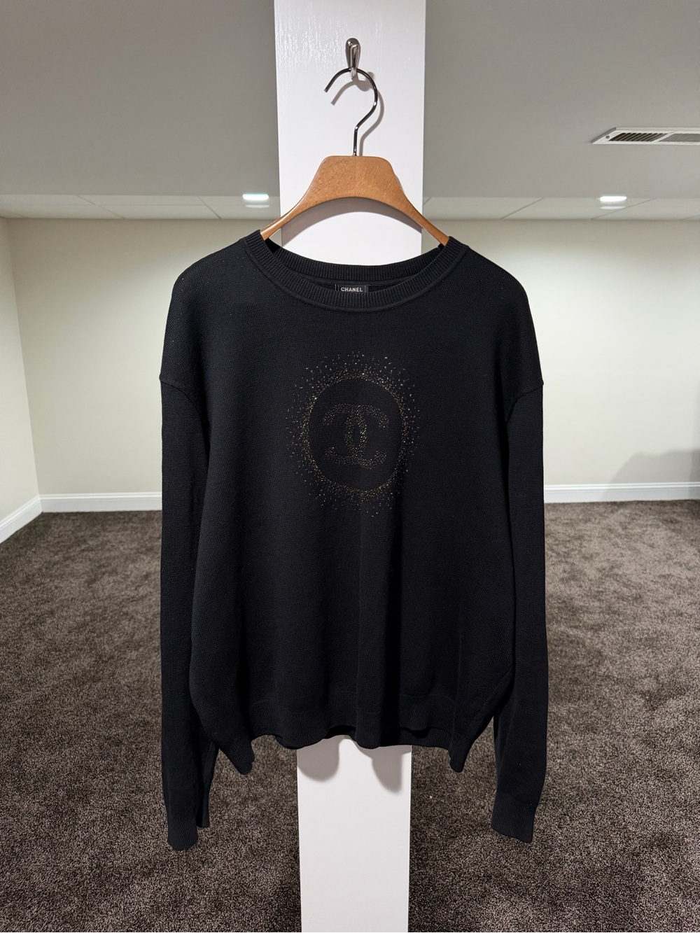 Chanel Uniform Glitter CC Metallic Logo Black Sweater Crewneck Shirt